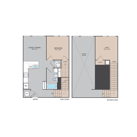 A diagram of a two-story house with a living room, dining room, bedroom, and loft.